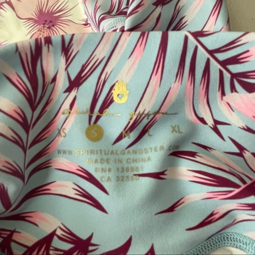 SPIRITUAL GANGSTER TROPICAL HAWAIIAN PRINT BLUE PINK HIGH RISE LEGGINGS SMALL - Picture 5 of 5